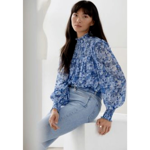 & OTHER STORIES Smocked A-Line Blouse Blue Floral Cottage Boho Chic Sheer Size 4 - Picture 1 of 14